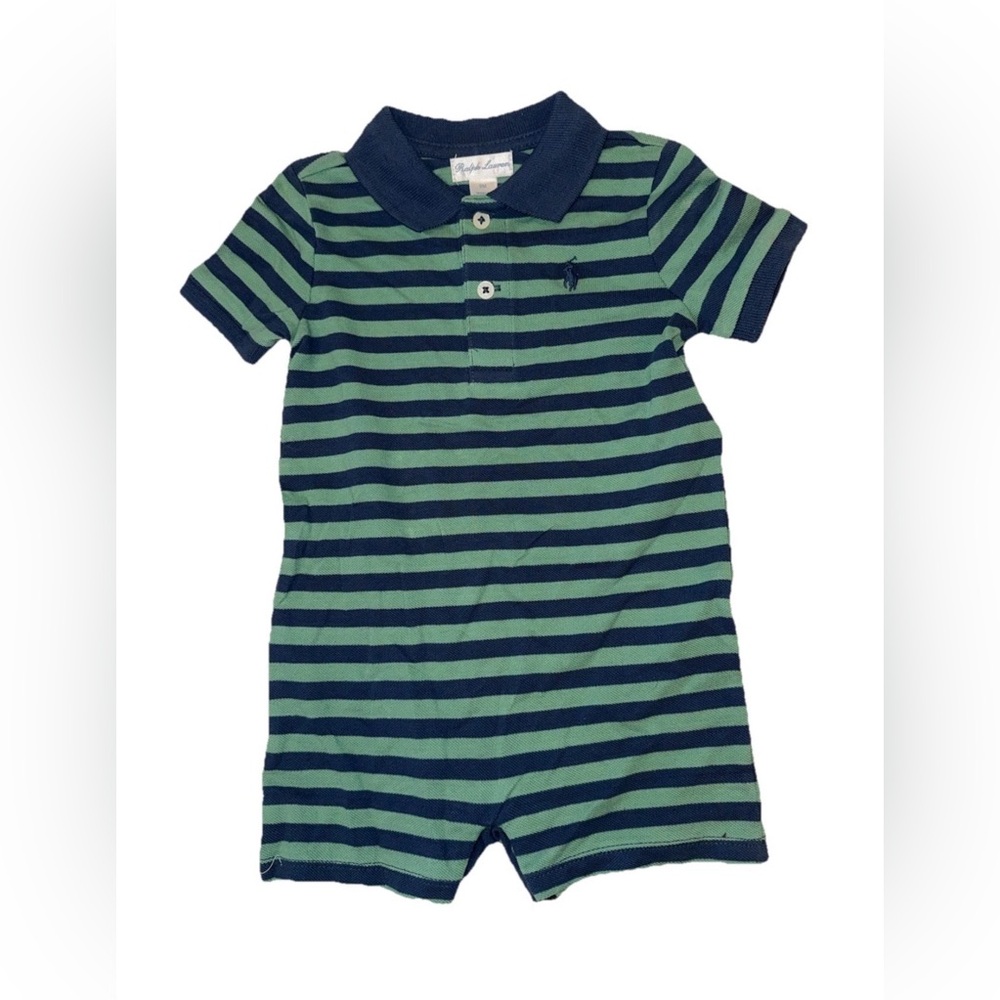Ralph Lauren Boys BUNDLE Green Blue Striped One Piece Size 9M- Lot of 2